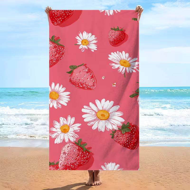 Sweet Girly Strawberry Daisy Floral Beach Towel Cute Fruit Print Quick Dry Absorbent Sand-Free Towel for Beach Travel Camping