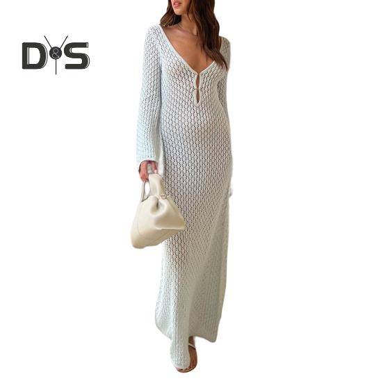Women Beach Dress Low cut V Neck Knitted Hollow Out V shaped Back Elastic See through Summer Vacation Beachwear Bikini Coverup Swimsuit Maxi Dress