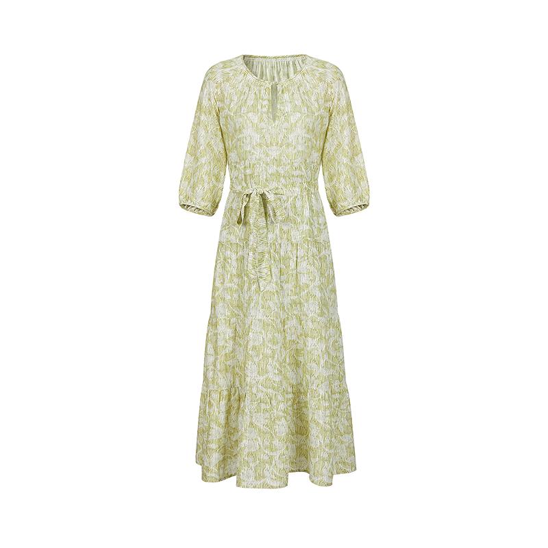 [Green Sound Skirt] Jiuzi Anna Kou Rural Style Relaxing Plant Printed Dress 2025 Summer New Style