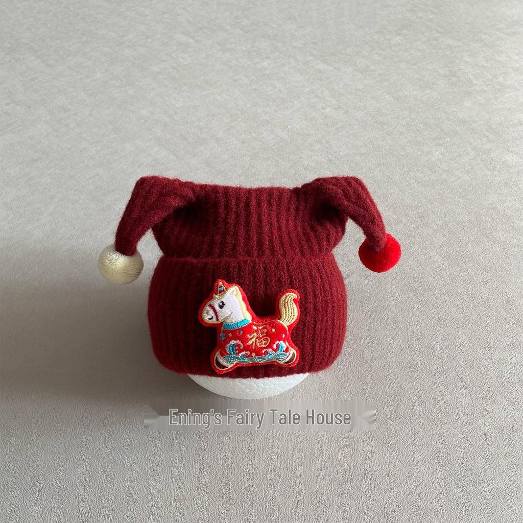 Children's Red Elf Knit Hat with Ear Protection for Autumn/Winter - Cute Pom-Pom Design for Boys and Girls