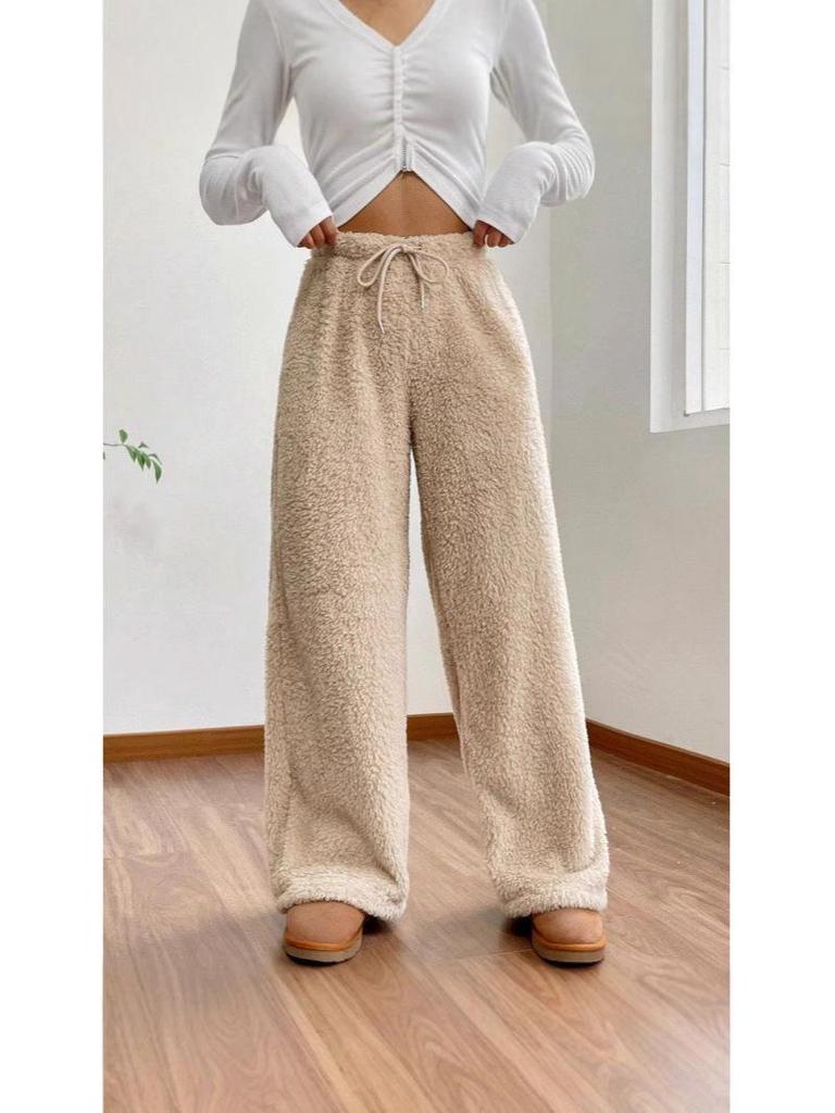 Women's Autumn & Winter Plush Sweatshirt and Loose Casual Pants Set - Solid Color, Warm, and Comfortable Fashion.