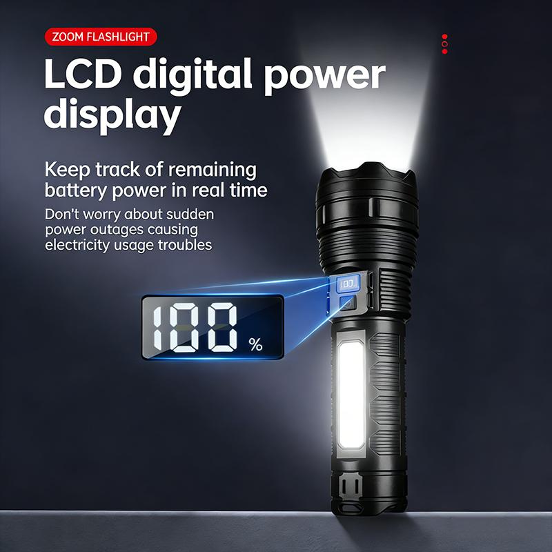 Strong Flashlight USB Type-C Rechargeable Outdoor Lighting Side Light Battery Display Large Capacity ABS Burst Flash Zoom