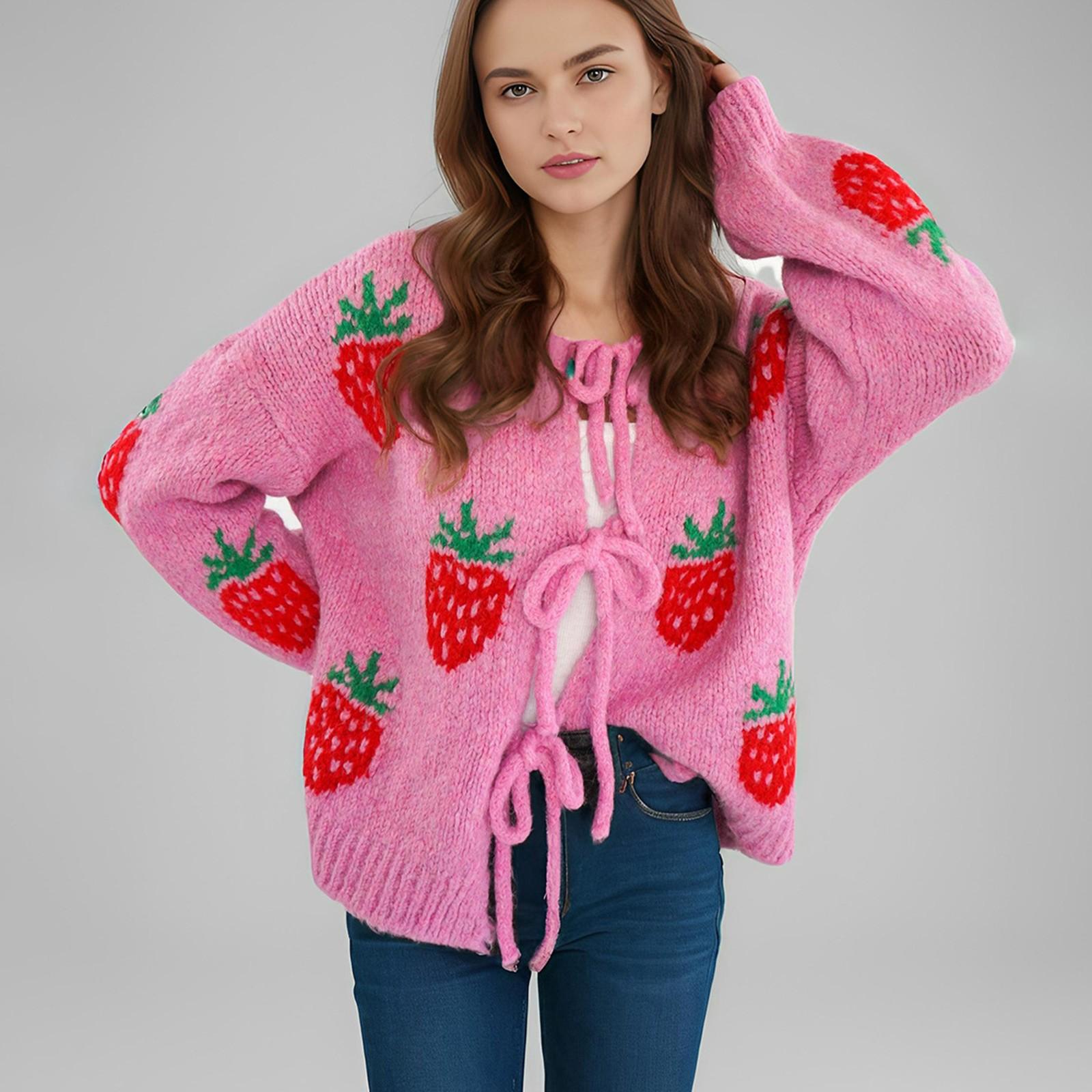 

Вышивка в виде сердца с круглым вырезом и зимний свитер, повязка на кардиган, вязаный кардиган, куртка для женщин M розовый