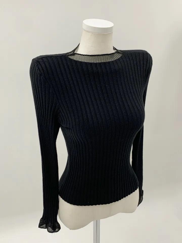 Chic Sheer Knit Top for Women – Long Sleeve, Half Neck, Ribbed Slim Fit, Office, Casual, Date Wear