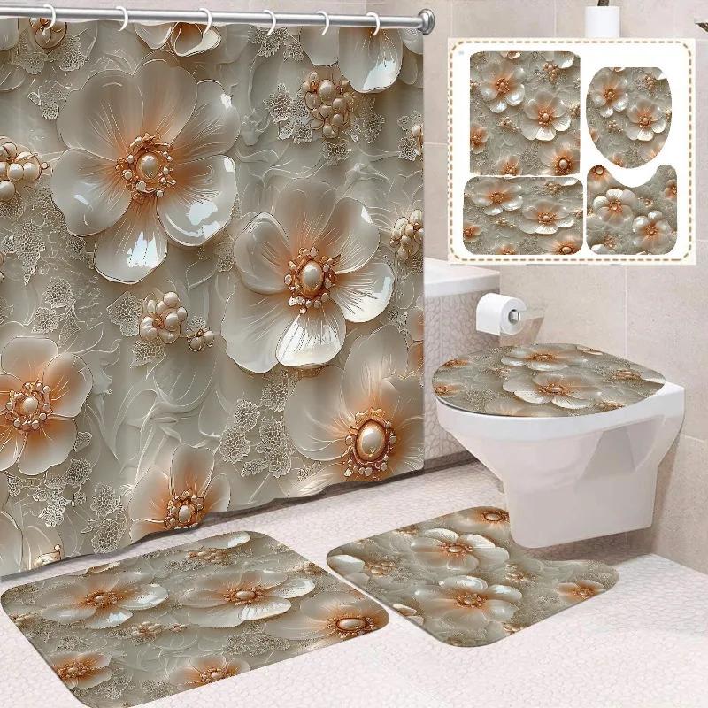 1/4 Stuks Waterdicht en schimmelbestendig Douchegordijn Luxe met Haak Douchegordijn met antislip mat U-vormige mat toiletdekselhoes