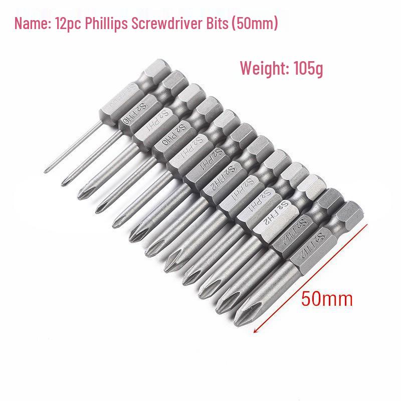 12-Piece 50mm S2 Cross Screwdriver Bits (PH0, PH1, PH2)