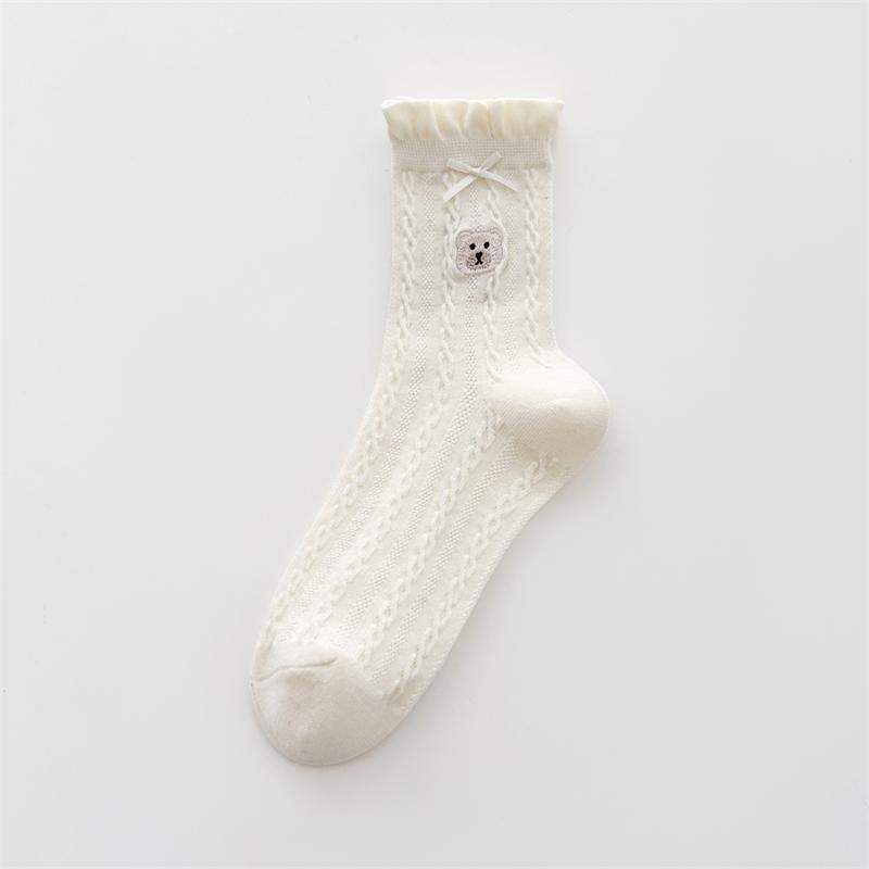 Female Summer Thin Bow Wood Ear Lace Cartoon Bear Embroidered Medium Tube Pile Socks