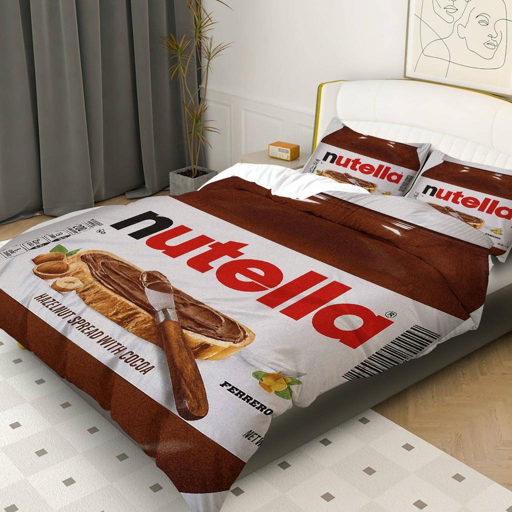 3-teiliges Bettbezug-Set individuell gestalten, 1 Bettbezug + 2 Kissenbezüge( Ohne Füllstoff), Schoko-Nuss-Aufstrich Nutella Braun Gemütlich Süße Köstlichkeit Thema,