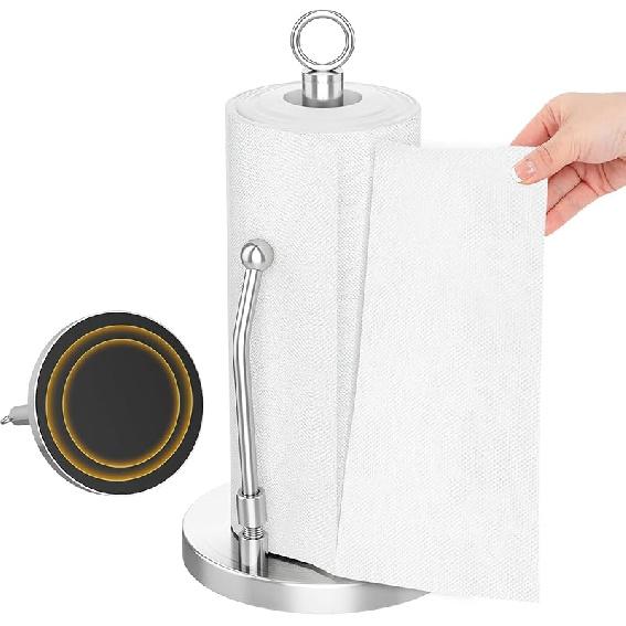 Paper Towel Holder Stainless Steel - One Hand Tear Paper Towel Dispenser Standing Weighted Base Non Slip, Spring Arm, Stainless Steel Paper Towel серебряный