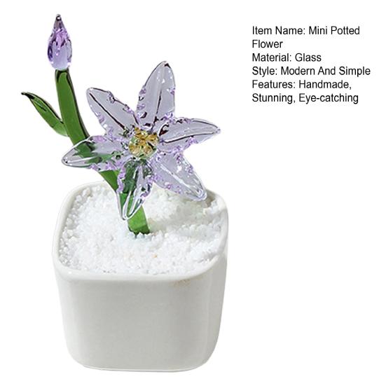 Mini Glass Potted Flower Figurine Hand Blown Faux Crystal Artificial Lily Flower Collectible Ornament for Women Mom Wedding Home Table