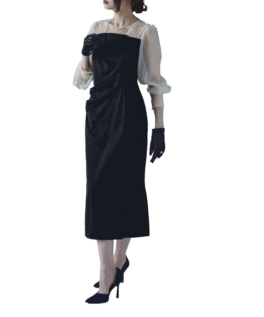 Draped Long Occasion Black x Size M [etoll] I-Line Dress, Sleeve, Dress, Beige,