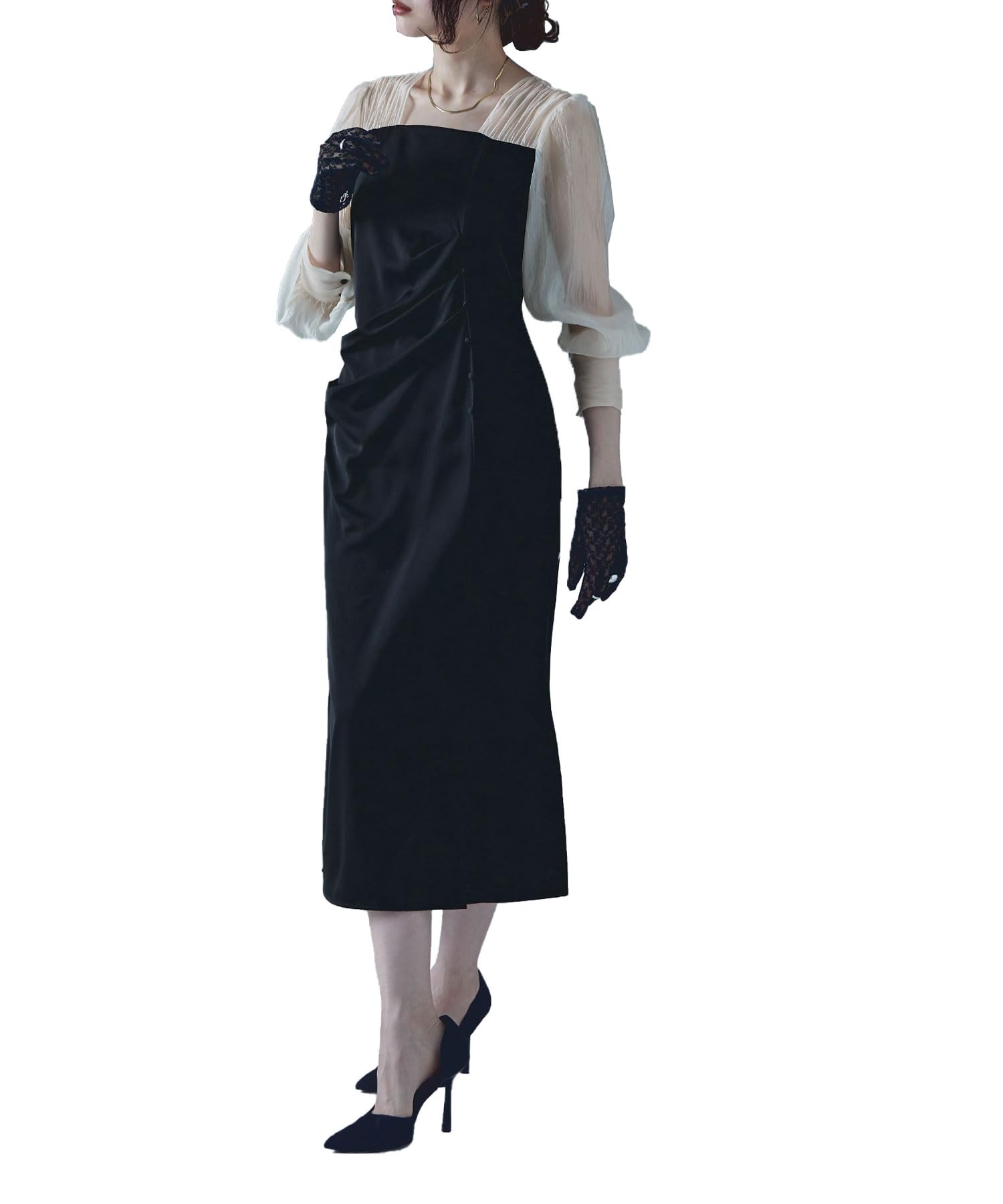 

Драпированное длинное вечернее черное платье x размера M [etoll] силуэта I, рукав, платье, бежевое,