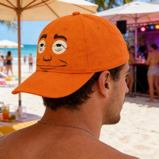 Expressionless Orange Face Golf Hat Extended Brim Adjustable Fit Baseball Cap Cartoon Design Casual Outdoor Hat