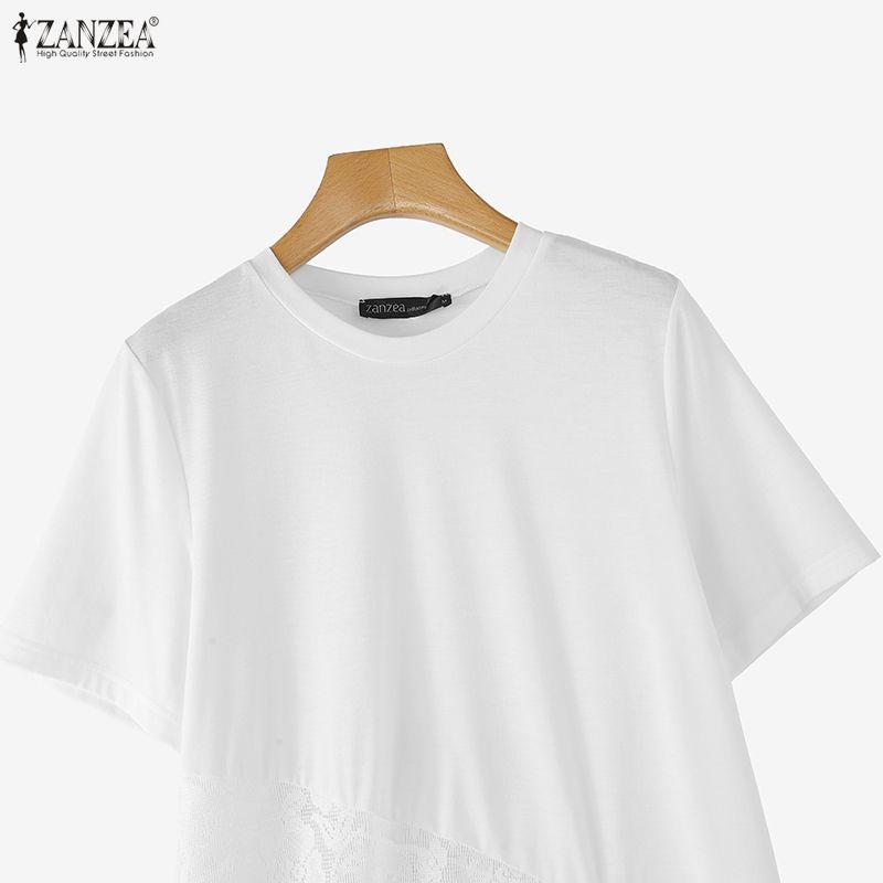 ZANZEA T-shirt Lunghe Casual da Donna Estive con Maniche Corte e Girocollo, Cuciture in Pizzo Irregolare