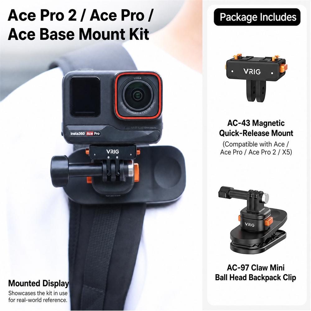 VRIG AC-97 360° Rotatable Backpack Clip for DJI Action 6/5 Pro/4/3 Insta360 Ace Pro 2 Mini BallHead Mount for Outdoor Photograph