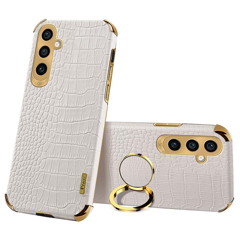 

For Samsung Galaxy S23 FE Case Ring Kickstand Crocodile Texture Leather+TPU Phone Cover White