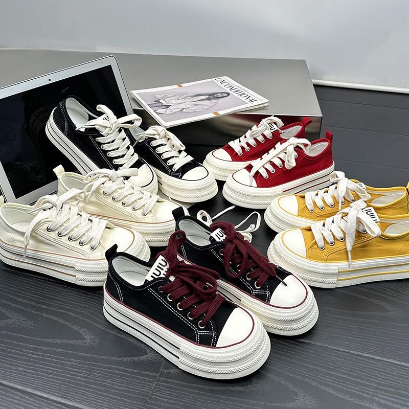 6 Platform Canvas Shoes Women's Round Head White Shoes Versatile Thin College Lace-up Summer New Models