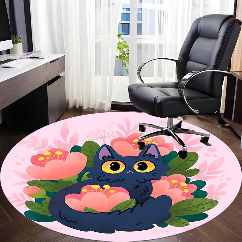1pc Floral Cat Office Round Area Rug,  Mat Suitable For Office, Under Office Chairs Bedroom Living Room Home Decor, Room Deco
