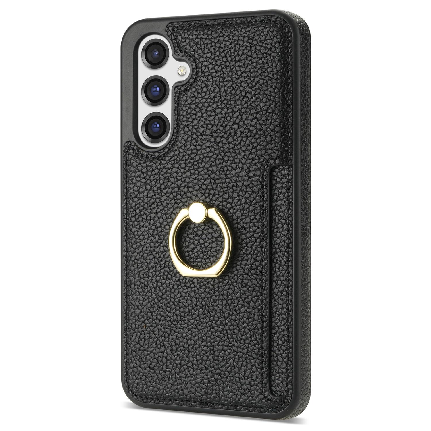 

For Samsung Galaxy S23 FE Finger Ring Kickstand Phone Case PU Leather+TPU Card Holder Cover Black