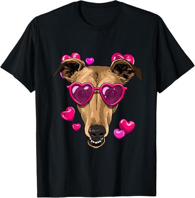 Greyhound Dog Lover Valentines Day Heart Sunglasses Graphic T-Shirt Casual Cotton Tee