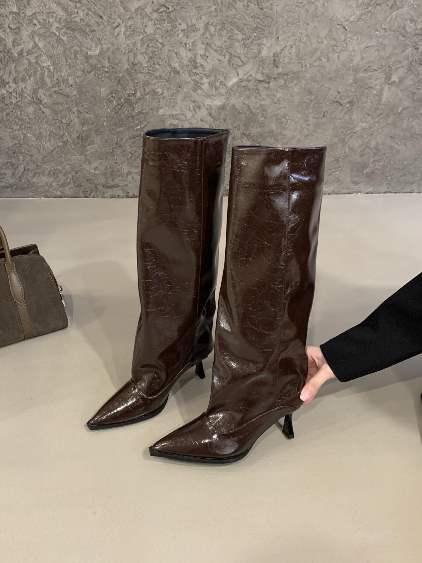 

Feeling! Grey patent leather pointed-tipped pleated boots female Spice Girl style fine-heeled high-heeled but knee-high-heeled knight boots 39 коричневый