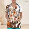 Women Plus Size V Neck Short Sleeve Scrub Top Cowboy Hat Pumpkin Sunflower Cactus Halloween Print Nurse Uniform Top