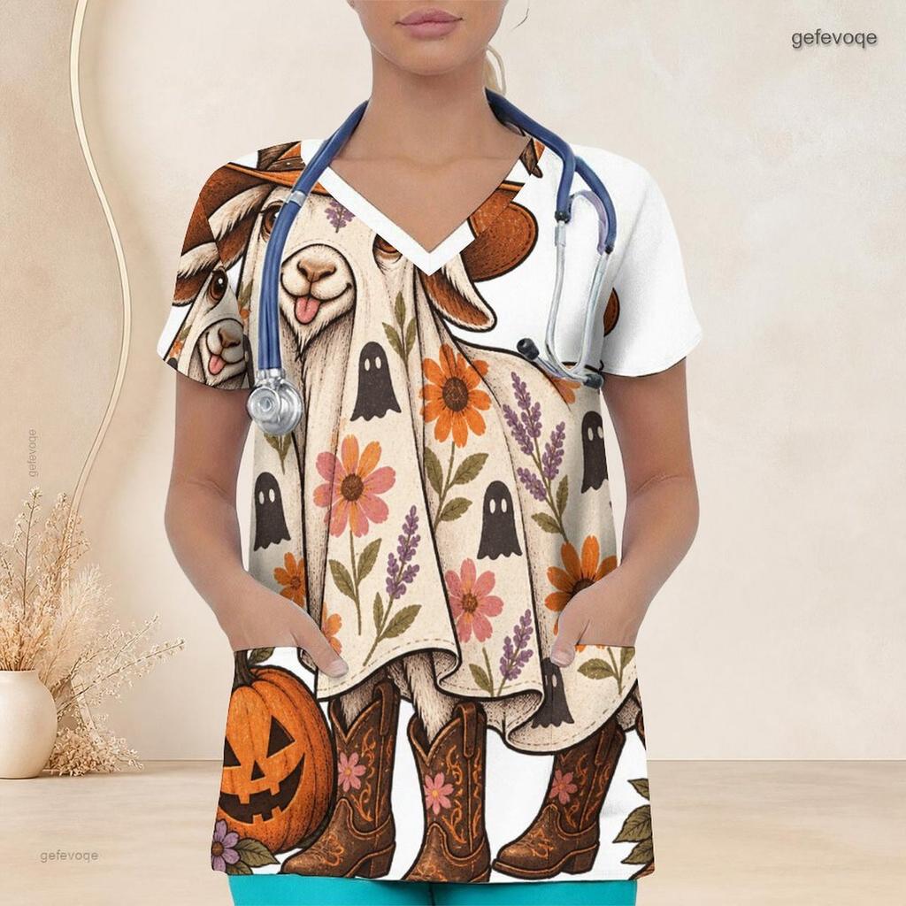 Women Plus Size V Neck Short Sleeve Scrub Top Cowboy Hat Pumpkin Sunflower Cactus Halloween Print Nurse Uniform Top
