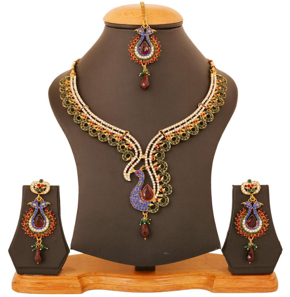 Touchstone Indian Bollywood Peacock Minakari Blue Red White Bridal Jewelry Necklace Set Antique Gold