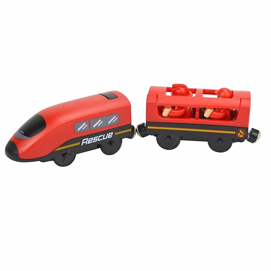 Magnetic Electric Train Car Locomotive Wooden Track Slot Diecast Railway With Two Carriages Train Wood Kid Toy Biro Leduo Track