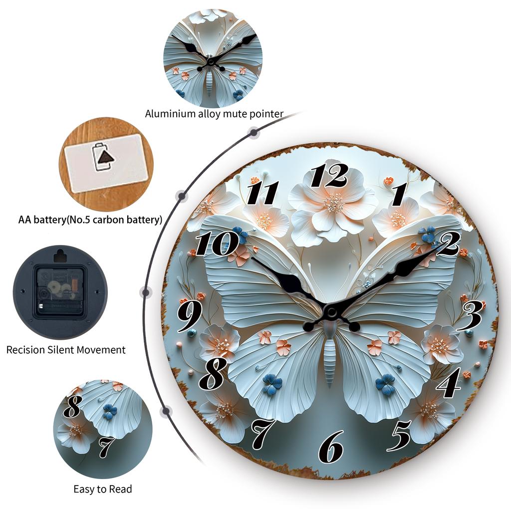 3D Butterfly Floral Wall Clock, Elegant Blue Flower and Insect Design Round Timepiece, Decorative Home Kitchen Office Hang Clock