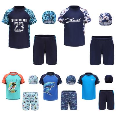 Boys Swimwear Set Short Sleeve Rash Guard Top Matching Trunks Hat Beach Swim Outfit