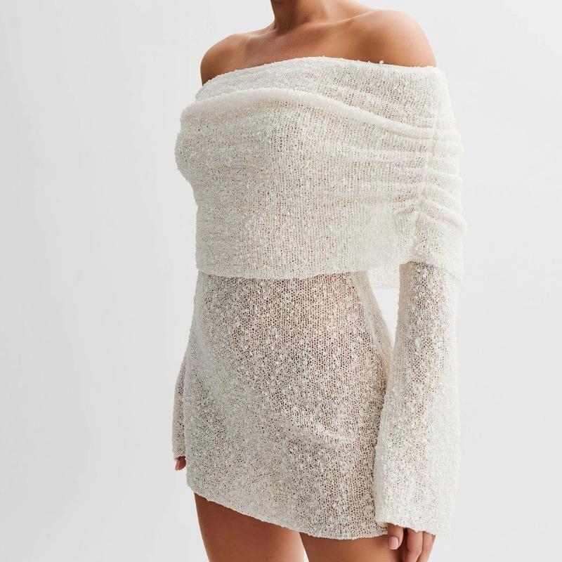 IHUASU Autumn and Winter Women's Sexy Hollow Long Sleeve  One Shoulder Dresses Short Dresses