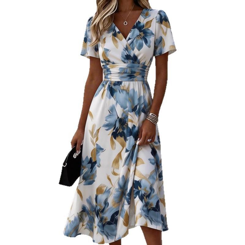 Elegante Abito Midi Floreale Estivo da Donna Scollo a V Manica Corta Vestito Avvolgente Vita Arricciata Orlo Spaccato Stampa Floreale Blu Oro Abito Estivo Casual per Spiaggia Vacanza