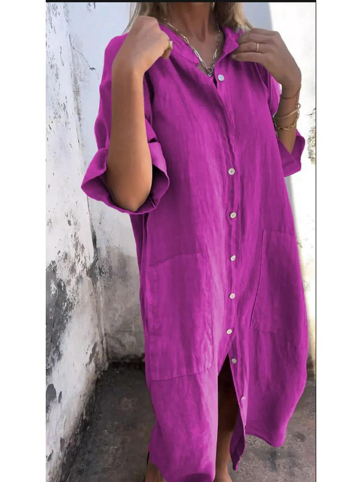 2026 Spring & Summer European-American Style Loose Cotton Linen Mid-Sleeve Shirt Dress for Women