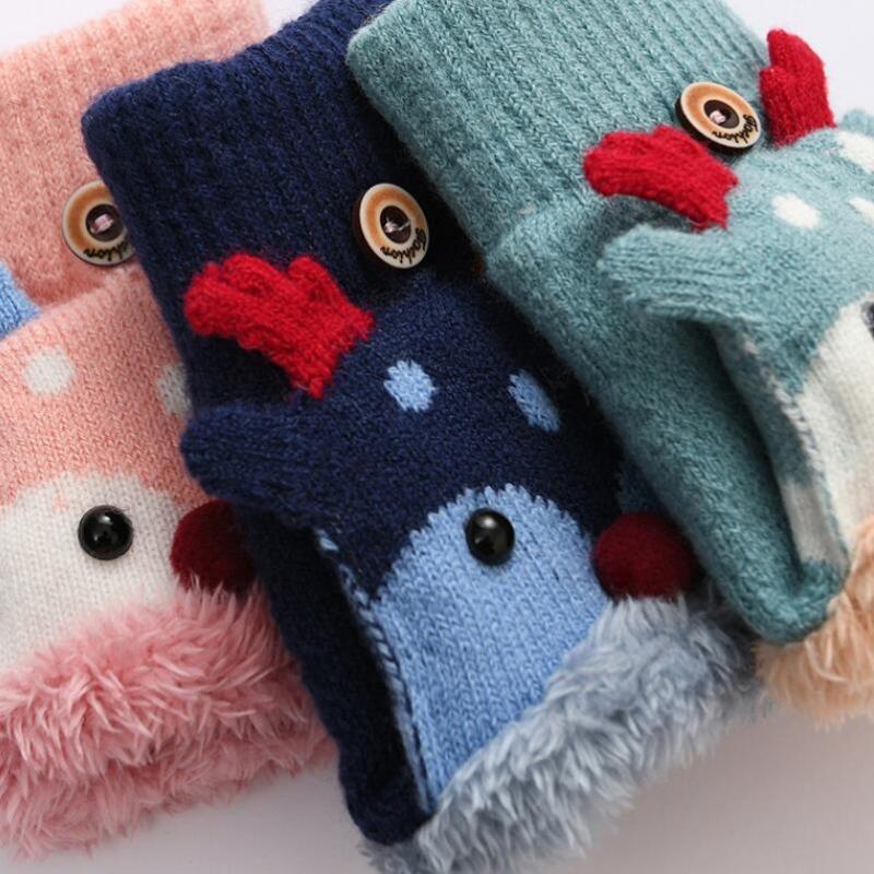 Winter Warm Mittens Cartoon Design Clamshell Half Finger Gloves Kids Fingerless Gloves Children Christmas Gloves Plush Gloves