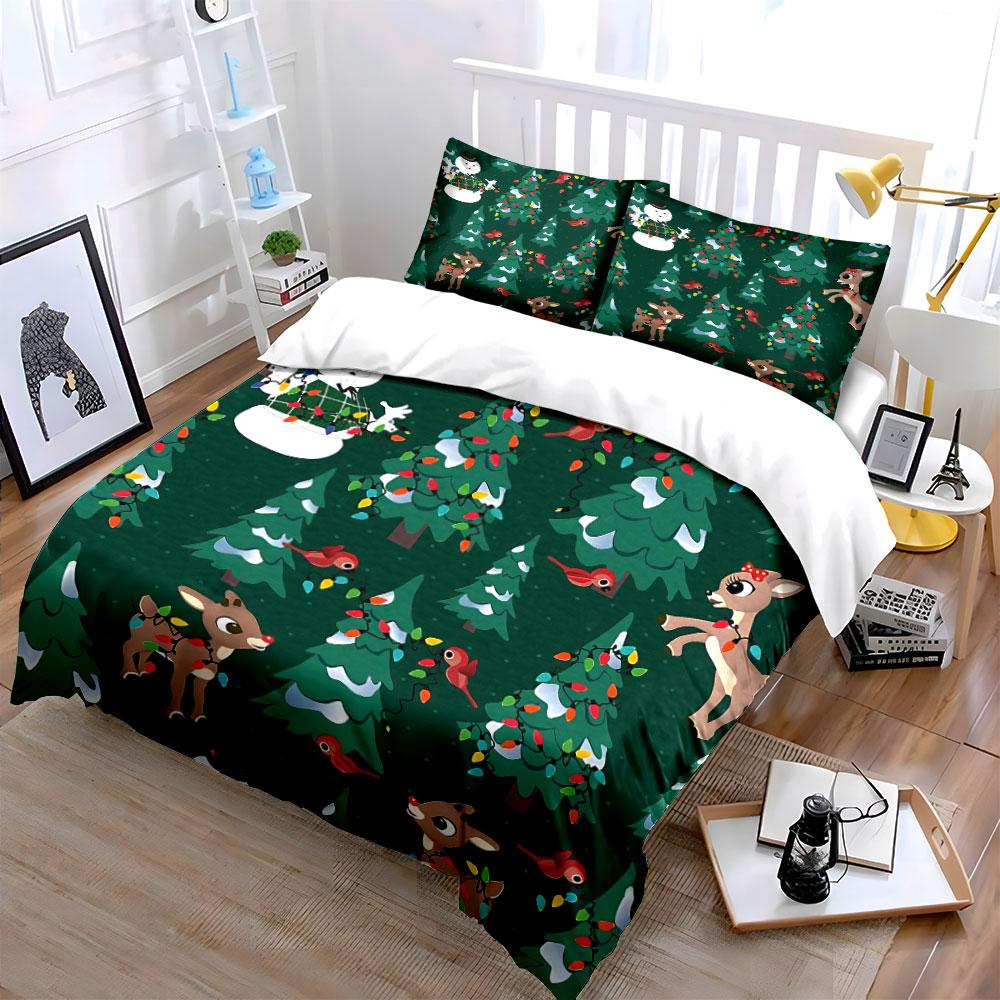 Christmas Deer and Snowman Theme Bedding Duvet Cover Set Duvet Cover Pillowcases (1*Duvet Cover 2*Pillowcases, without duvet insert)