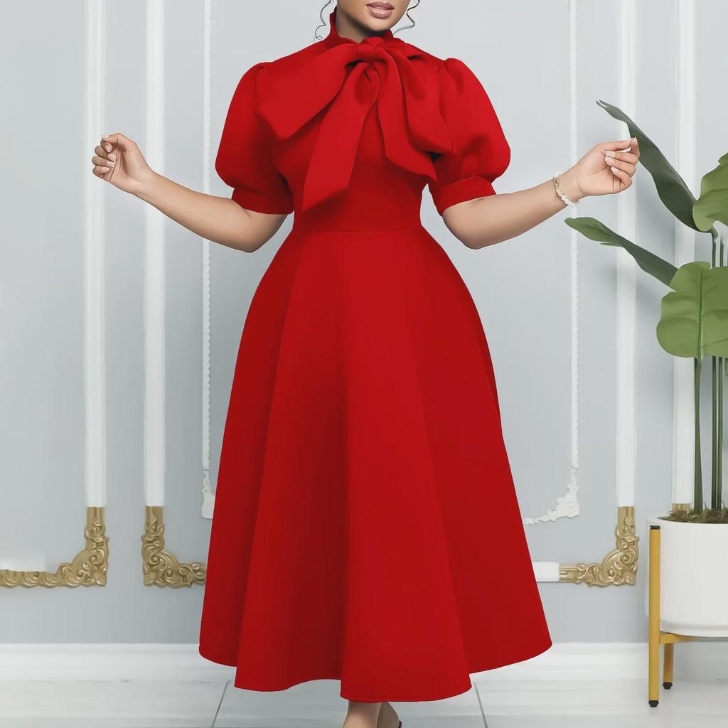 2024 Summer European & American Short-Sleeve Tie-Bow Puffy Banquet Dress