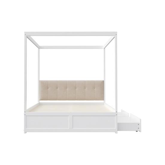 Cama com Dossel 140x200cm com Gavetas Grandes e Cabeceira Macia, Cama de Quatro Postes, Cama de Madeira Branca, Forte Capacidade de Carga