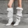 Sexy Pointed Toe High Heel Denim Y2K Long Boots Women  Winter Punk Black Knee High Boots Metal Decoration Designer Shoes
