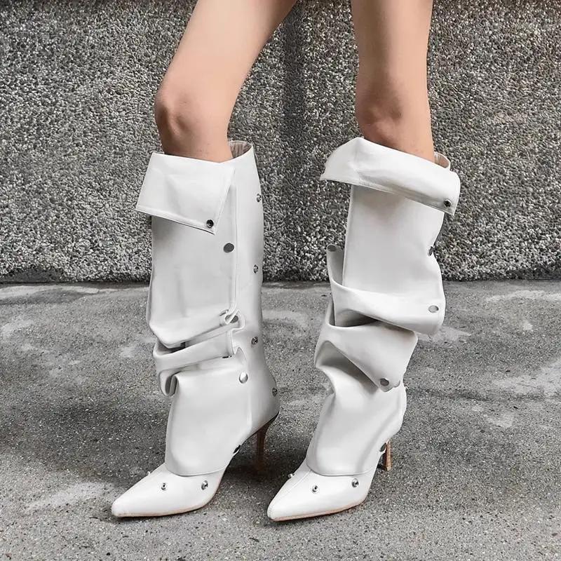 Sexy Pointed Toe High Heel Denim Y2K Long Boots Women  Winter Punk Black Knee High Boots Metal Decoration Designer Shoes
