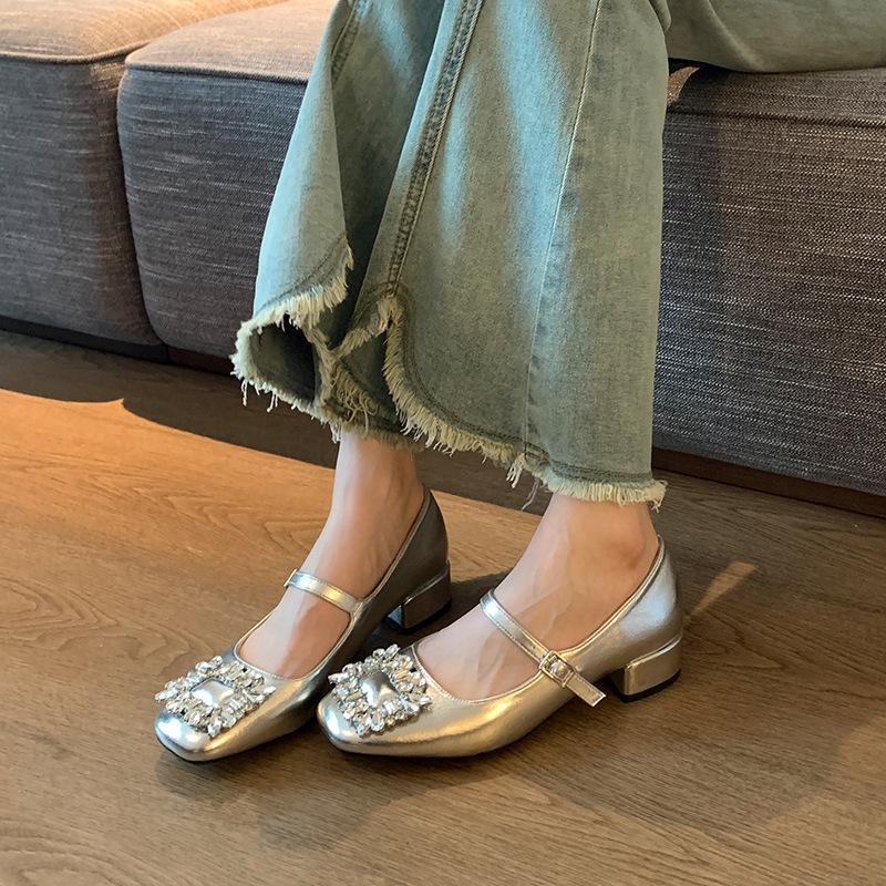 2386-58 Autumn New French Rhinestone Word with Square Head Shallow Mouth Mary Jane Widened Large Size Shoes Women