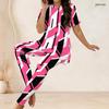 Women Plus Size Striped Printed Round Neck Short Sleeve Two Piece Set Long Top And Fitted Pants