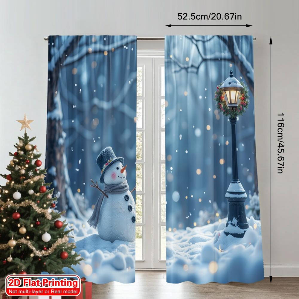 2 Stück 2D Flachdruck Frohe Weihnachten Vorhänge Schneemann Winter Straßenlaterne Sterne Polyester Ohne Strom Festliche Vorhänge Verwendung
