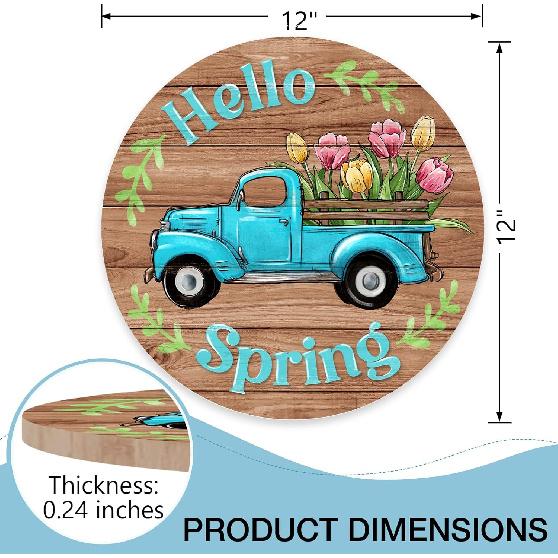 Deroro Hello Spring Blue Truck Sign for Front Door Decor, Tulip Flowers Pickup Wood Door Hanger for Outdoor Outside Porch, Rustic Farmhouse Wooden