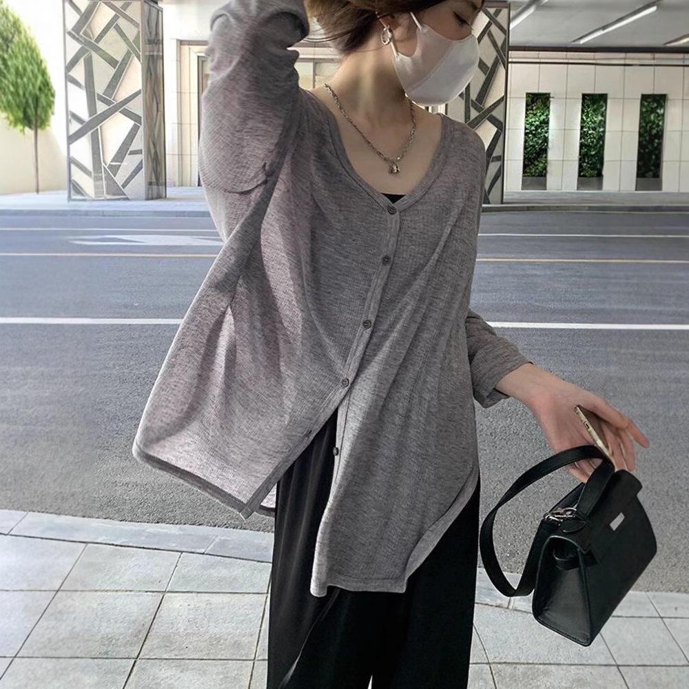 

Women s Gray Long Sleeve Sunscreen Cardigan with Suspender Dress Small
