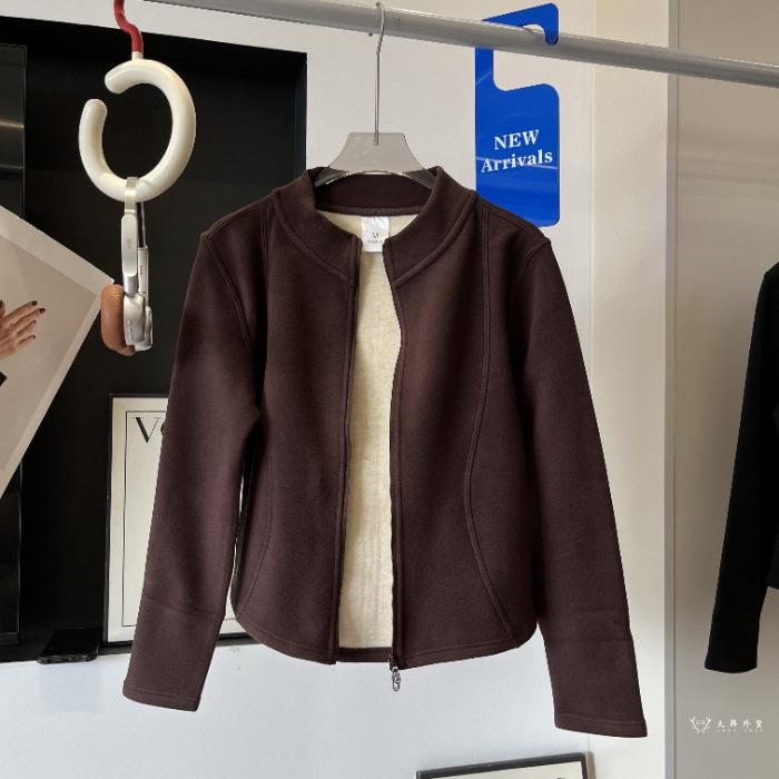 Stand Collar Double-Sided Fleece Slim Fit Women's Jacket
