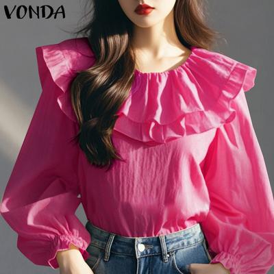 Women Casual Ruffled Round Neck Long Sleeve Solid Color Blouses