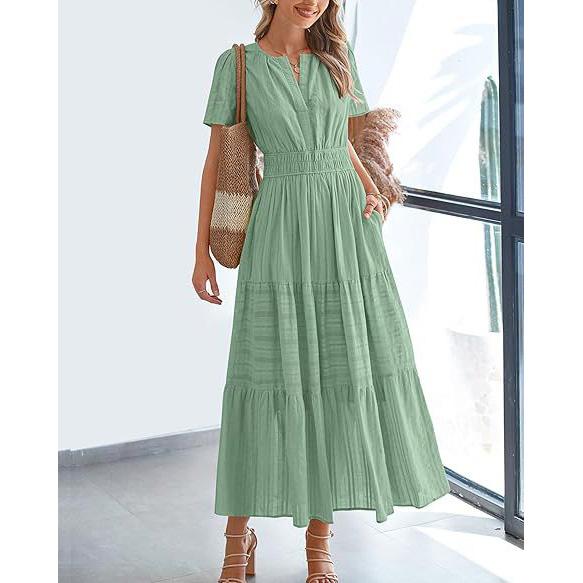Women's Spring Summer Elegant V-Neck Ruched Waist Flared Long Sleeve Maxi Dress Fashion Casual Party Dress