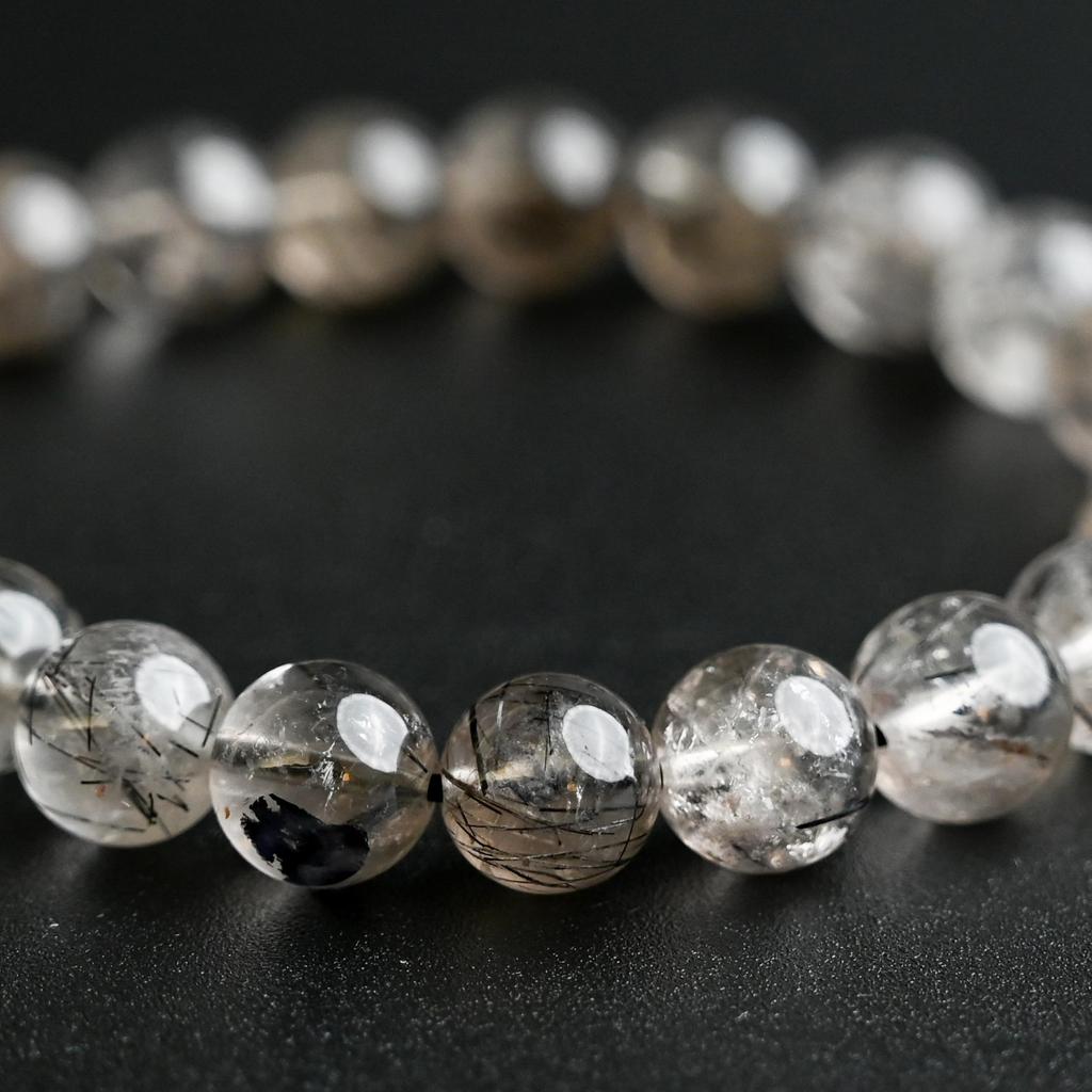 Black Smoky Rutilated Quartz Bracelet Tourmaline in 9mm 16cm Wrist Limited Natural Power Prayer Good Luck Feng Shui [Eigado] (Black Quartz) Stone,