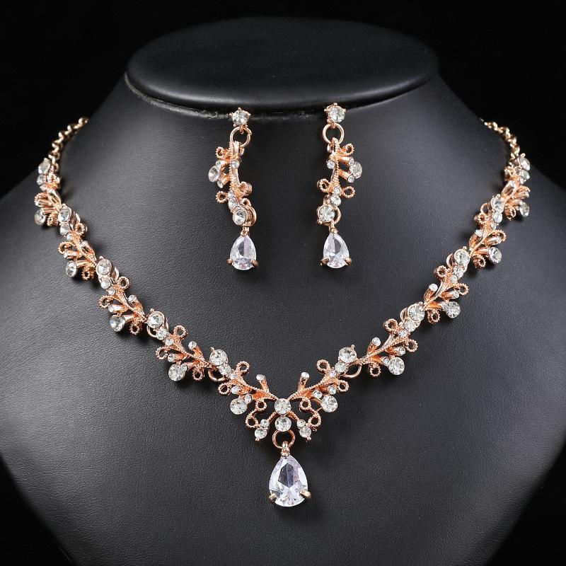 Bridal Wedding Necklace Earrings Set Women's Clip Zircon Series Diamond Crystal Clavicle Chain Evening Dress Accessories